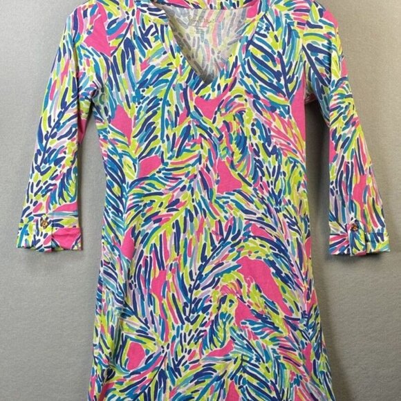 Lilly Pulitzer‎ Dress XS Multi Palm Reader Rossmore 100% Pima Roll-Tab Sleeves - Picture 1 of 12